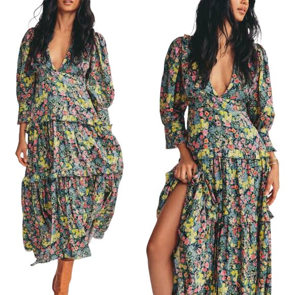 LOVESHACKFANCY Lorencia Maxi Dress Night Sky Glow Floral Multicolor S/M 6-8 NWT - Picture 1 of 12